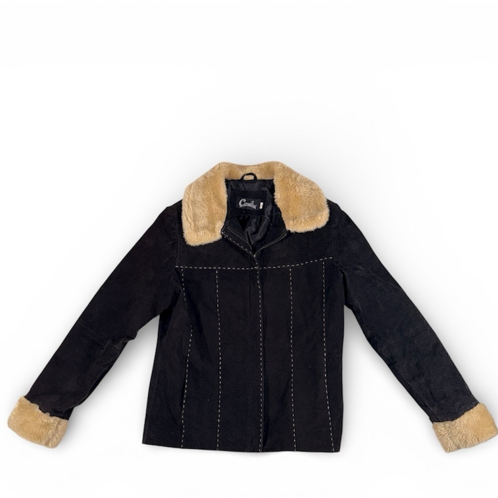 Vintage Rigid Black Leather Jacket with Beige Stitching and Faux Fur Collar